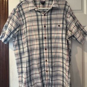 Patagonia Men's Blue and Red Plaid Button Down Shirt